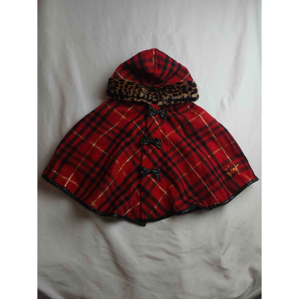 Betsey Johnson Plaid Cape Jacket Girls 5 Red Knit Faux Fur Hood Preppy Autumn